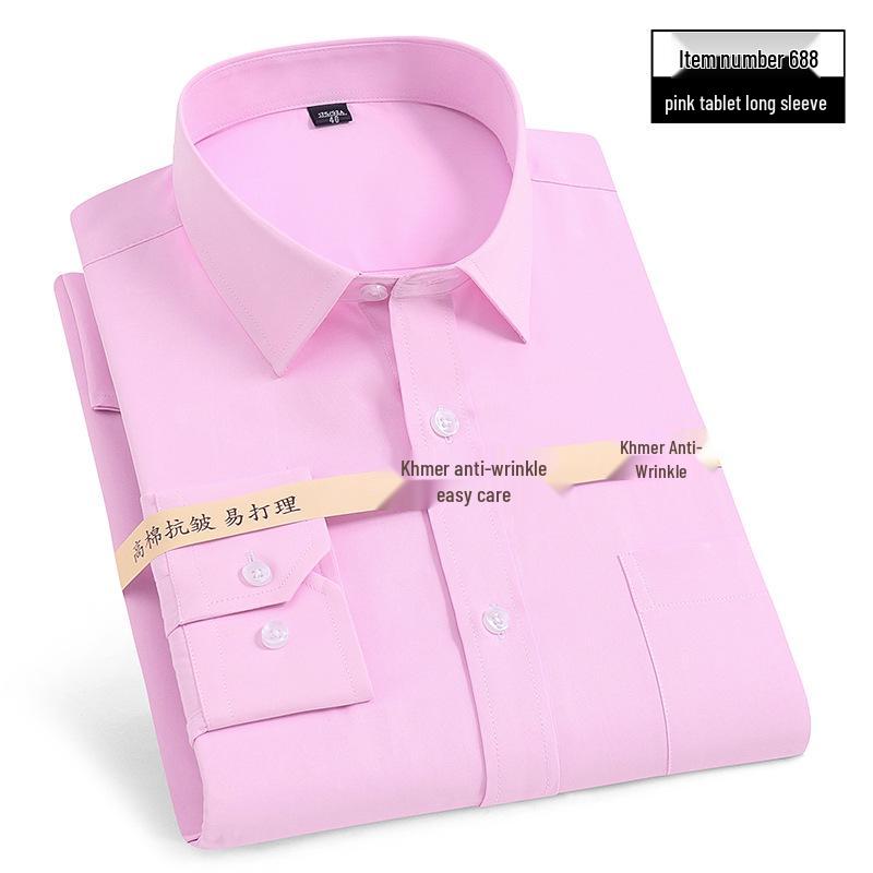 Men's Korean Style White Cotton Long Sleeve Shirt - Formal Business Attire for Middle-Aged & Young Professionals.