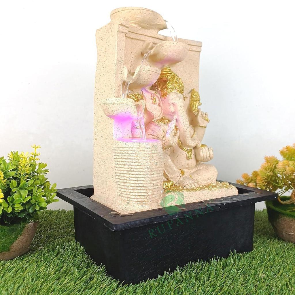 3 Step Ganesha Table Top Water Fountain with RGB LED Light for Home Décor/Gift/Vastu/Pooja/Reception/House Warming (Biege Stone)