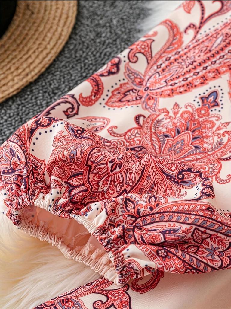 Frühlingshaftes Französisches Retro-Print-Kleid mit V-Ausschnitt, Laternenärmeln und Taillenbindeband