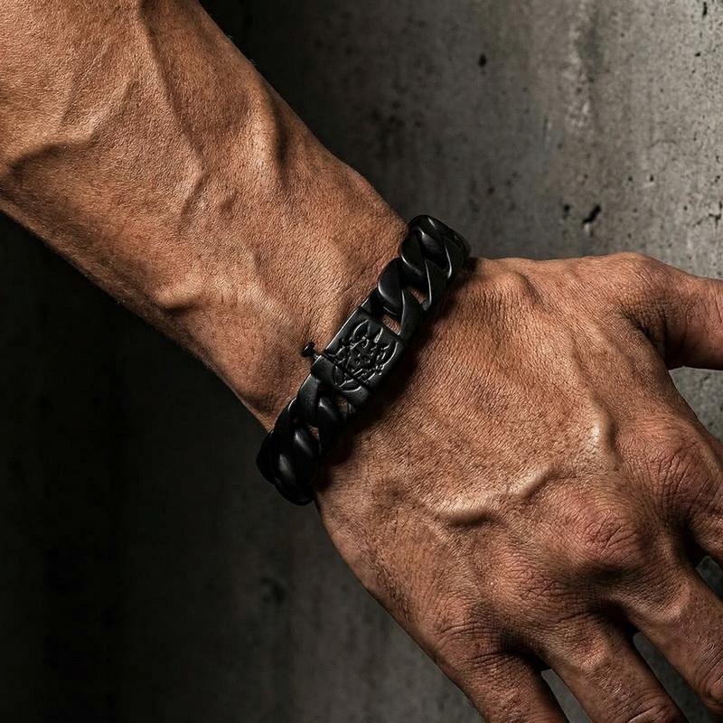 Bracciale Catena Cuban Demon Curb Stile Scuro Placcato Nero 15mm Per Uomo Acciaio Inossidabile 316L