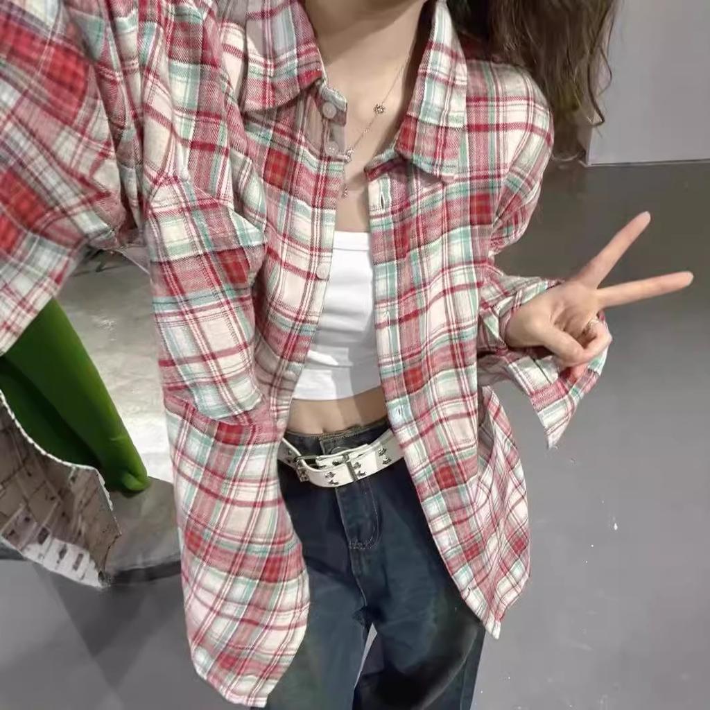 American Spice Girl Vintage Plaid Long Sleeve Red Shirt Women's Spring and Autumn Pure Desire Lazy Plaid Top Jacket Tide