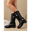 Women's Casual and Versatile Medium Boots New Fall Round Toe Chain Block Heel Solid Color Fashion Boots
