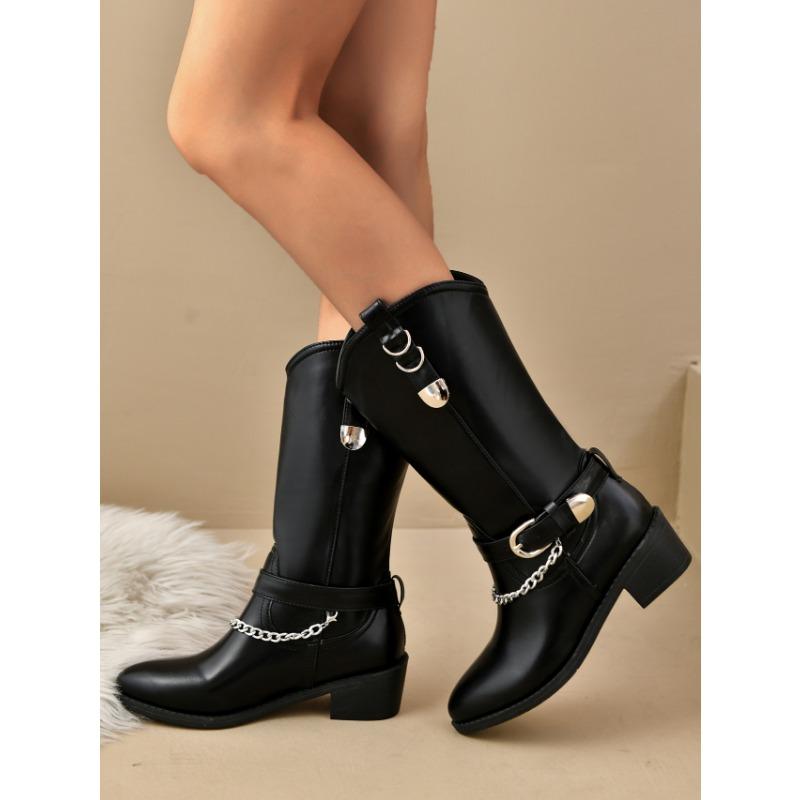 Women's Casual and Versatile Medium Boots New Fall Round Toe Chain Block Heel Solid Color Fashion Boots