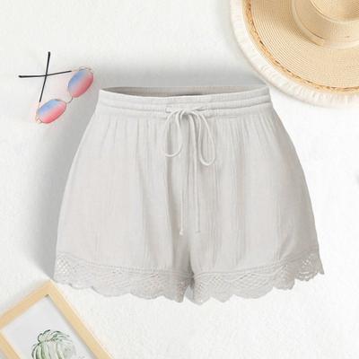 Yousheng Women Summer Shorts Elastic Drawstring Waist Solid Color Lace Trim Shorts Loose Fit Elastic Tight Yoga Pants