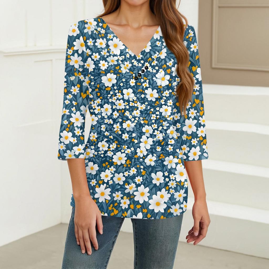 Women's Print Top Button-down V-neck T-shirt 3/4 Sleeve Loose Fashion Top