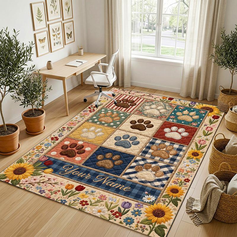 Dog Theme Crystal Velvet Rug Personalized Custom Name Text Soft Floor Mat Home Decor