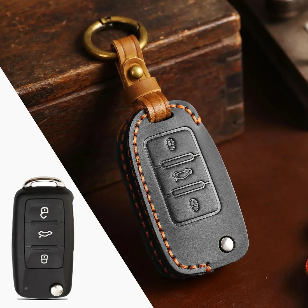Leather Car Key Case Cover for Volkswagen VW Polo Golf 7 Sagitar Passat for Skoda Octavia Keyring Shell Bag Fob Auto Accessories