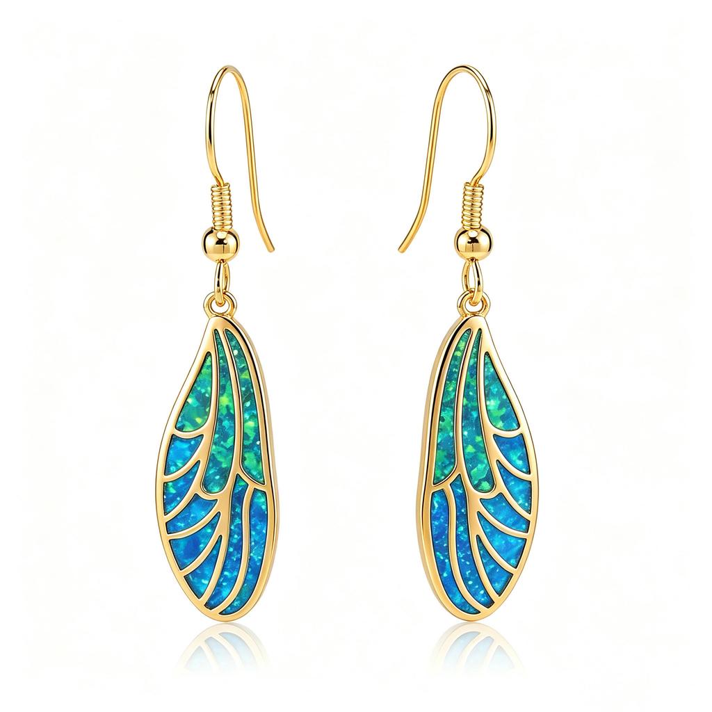 Cicada Wing Opal Earrings Blue Green Hollow Synthetic Opal Dangle Drop Earrings for Women