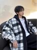 Men's Autumn/Winter 2025 Black & White Plaid Wool Coat with Hood, Korean-Style Faux Two-Piece Design