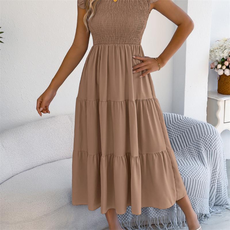 2026 Spring/Summer Women's Solid Color Black Fungal Edge Flying Sleeve Pulling Waist Skirt S-XL