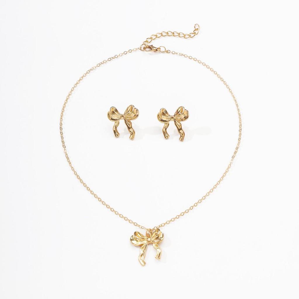 Elegant Bow Pendant Necklace & Earrings Set for Women