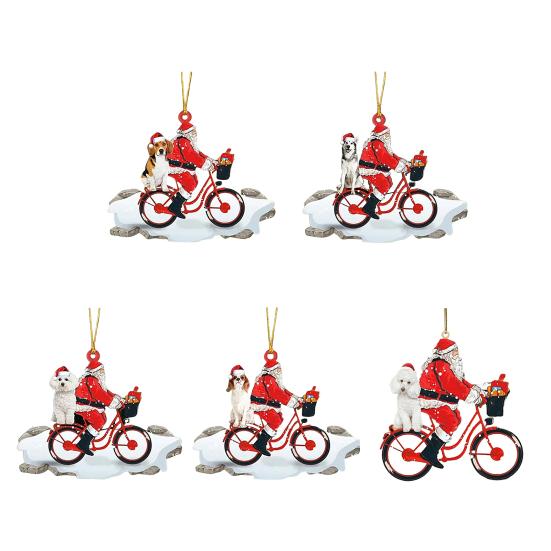 Santa Riding A Bicycle with A Dog Ornament Cute Acrylic Santa