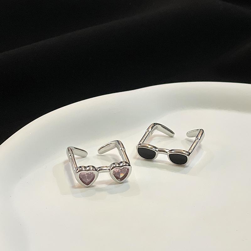 Sweet Cool Pink Cute Zircon Glasses Ring Female Niche Design Fashionable Couple Open Ring High Sense Index Finger Ring