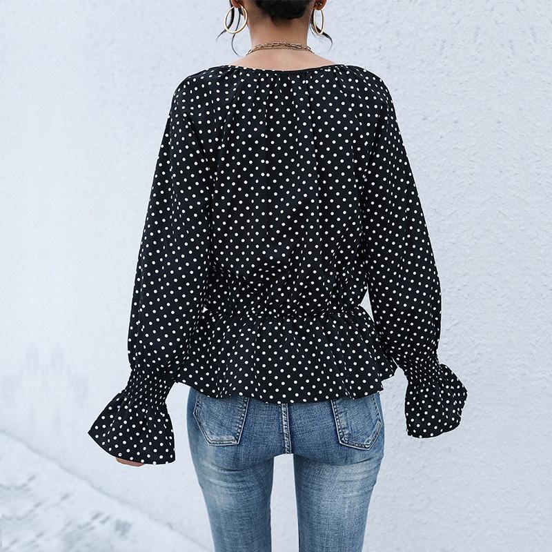 YYFS Women's Fashion Casual Polka Dot Print Summer Spring Long Sleeve V-Neck T-shirts & Long-sleeve Tops