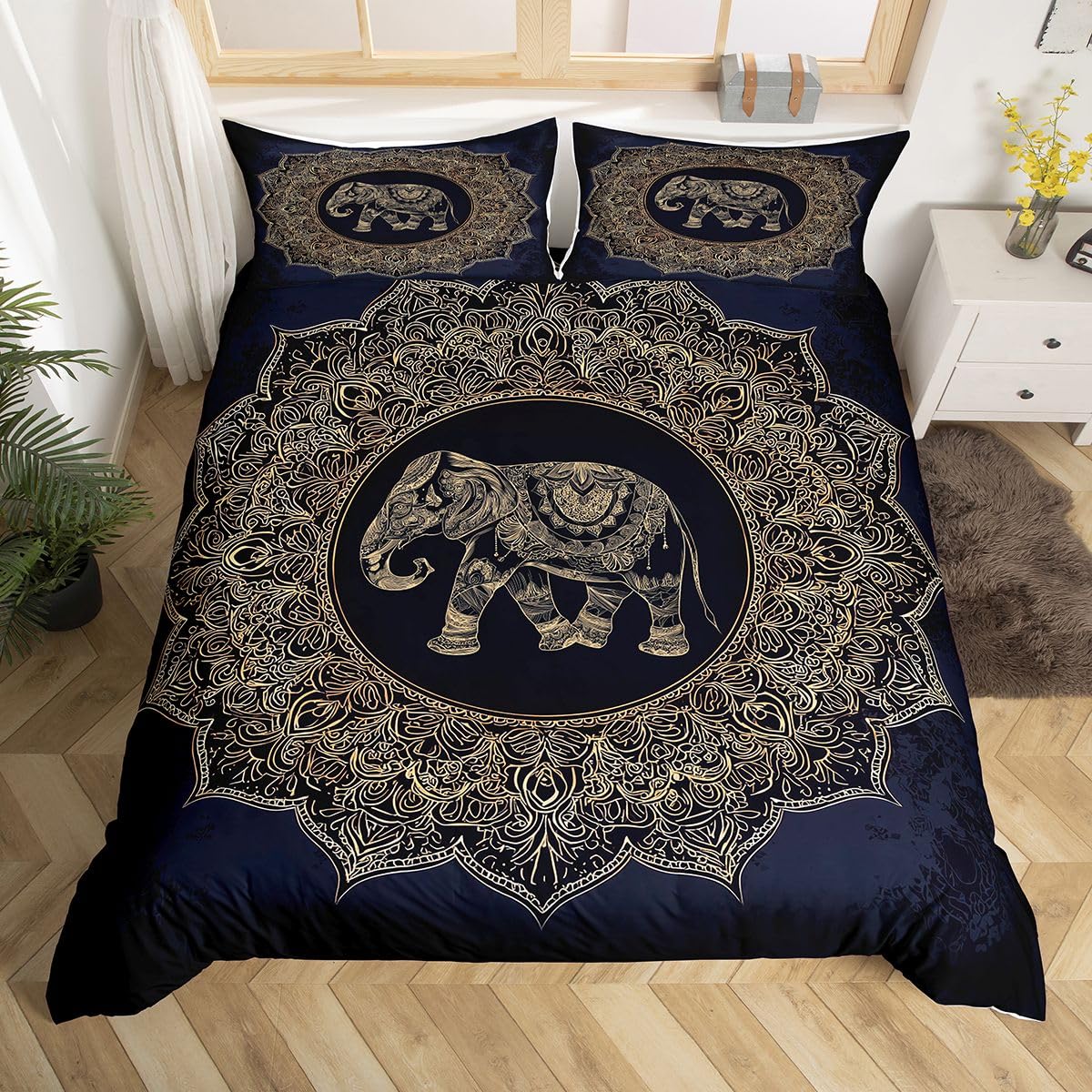 

Feelyou Queen Duvet Cover Set Bohemian Cute Elephant Mandala Bedding Set Black Golden Boho Comforter Cover with Pillow Shams Kids Teens Adul 155x200cm