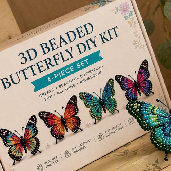 3D Beaded Butterfly Craft Kit, Tiny Beaded Animal DIY Handmade Art Set with Instruction, Cute 4-Pack Butterflies Beadwork Kit