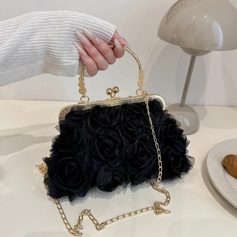 Elegant Women 3D Floral Chiffon Evening Bag Handcrafted Chain Strap Clutch Purse for Wedding Party Shoulder Crossbody