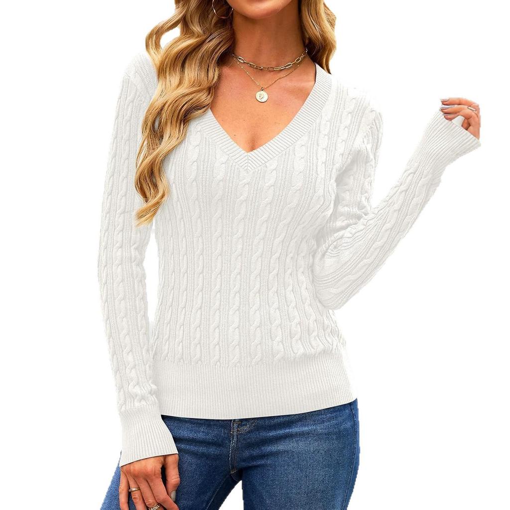 2026 Spring/Autumn Women's V-Neck Cable Knit Sweater - Loose European & American Street Style, Solid Color, Spicy Girl Knitwear