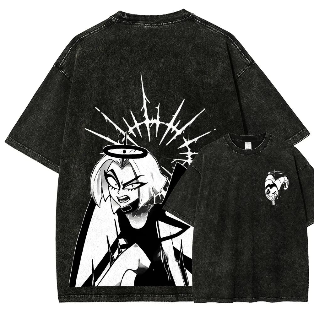 Hazbin Hotel Couple Graphic Print Tshirt Men Women Matching Outfits Fashion Vintage Washed Cotton Tee Loose Oversize Top S