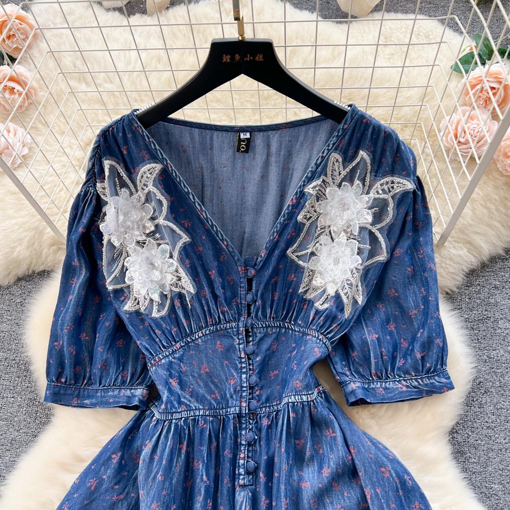 Fashion Summer Flower Print Soft Thin Denim Midi Dress Vintage Women V Neck Embroidery Floral High Waist Cowboy Office Dresses