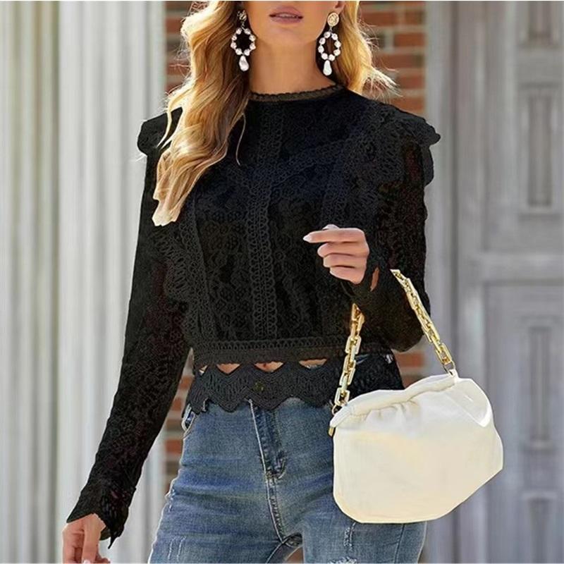 Solid Color Bottoming Sexy Hollow Lace Long-sleeved Women's Lace Shirt Jacket Top