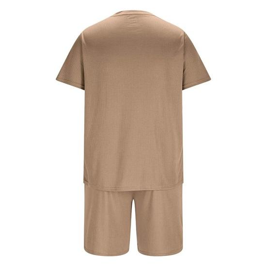 2Pcs/Set Men Sports Suit O-Neck Short Sleeve T-shirt Elastic Waist Wide Leg Shorts Set Solid Color Waffle Fabric Sportswear