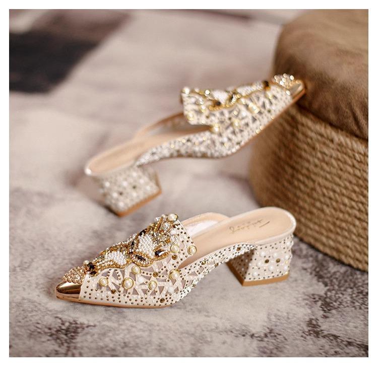 

European Summer Shoes for Women Luxury Sandals Hollow Out Pearl Rhinestone Fox Heels Slipper Girl Street Fashion Pumps 40