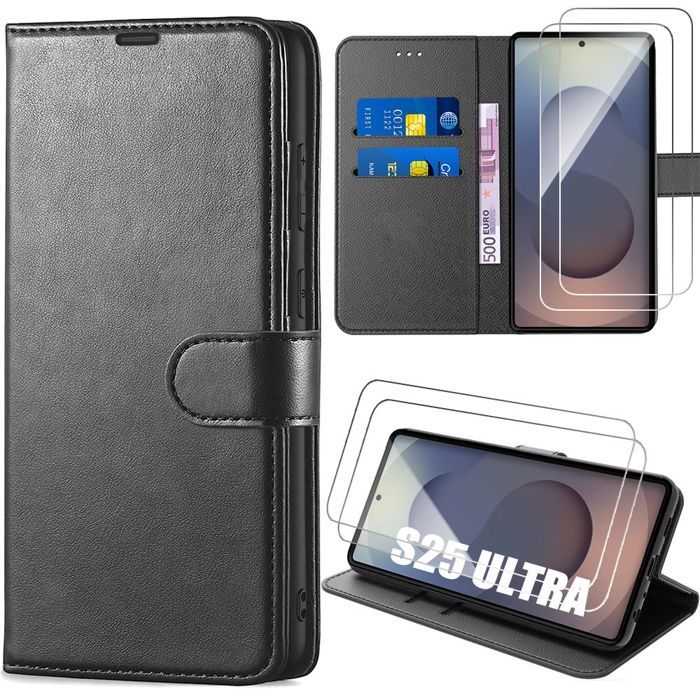Coque de protection - BOOLING - Samsung Galaxy S25 Ultra - Cuir PU Noir - 2 Verres Trempés - Antichoc