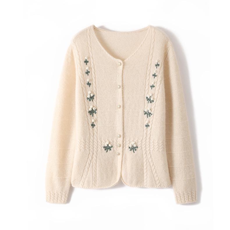 Korean Style High-Design Embroidered Wool Cardigan, Crew Neck, Long Sleeve Knitwear for Spring & Autumn