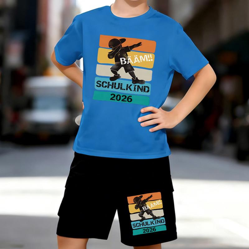 Boys 2 Piece Entrance Commemoration Printed Outfit, Short Sleeve T-Shirt and Shorts Set for Kids Age 5-14,Black ,White Sporty Casual Summer Clothes