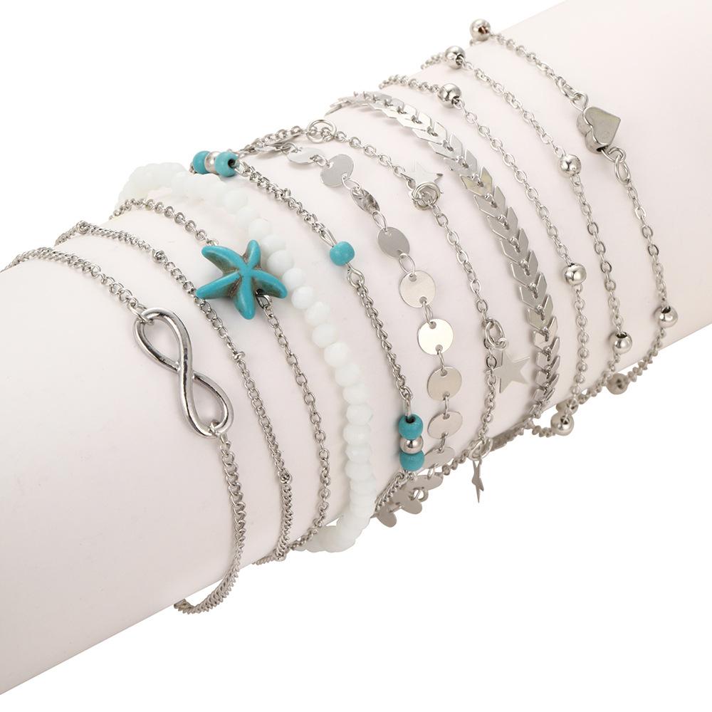 Charm During Summer Bohemian Style Vacation Outings Starfish Pearl Set Of Multiple Golden Anklets For Girls To Wear fashion
