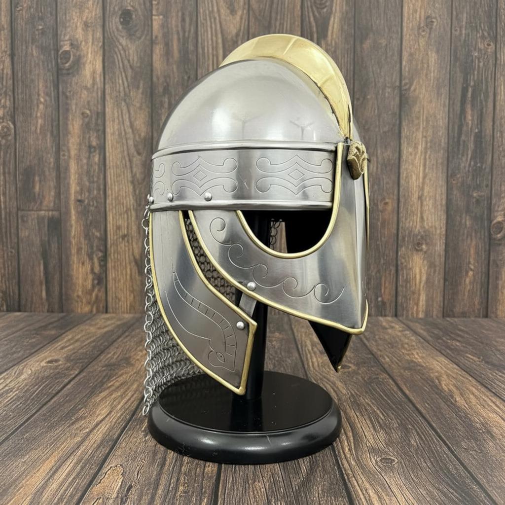 Medieval Viking Chainmail Helmet Replica with Wooden Display Stand Historical Armor Decor