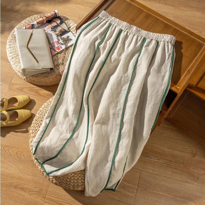 Bright Line Decoration Elastic High Waist Bloomers Loose Wide Leg Women's Pants Korean Fashion Ankle-Length Pants For Women 2024