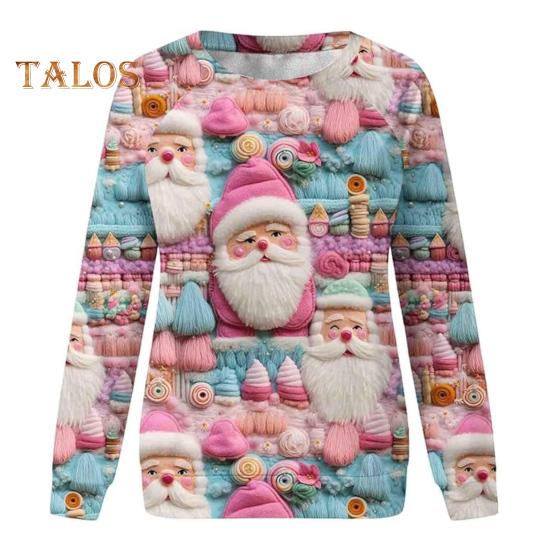 Julegenser Dame 3D Juletre Hus Trykk Rund Hals Langermet Topper Lett Ferie Genser Topper