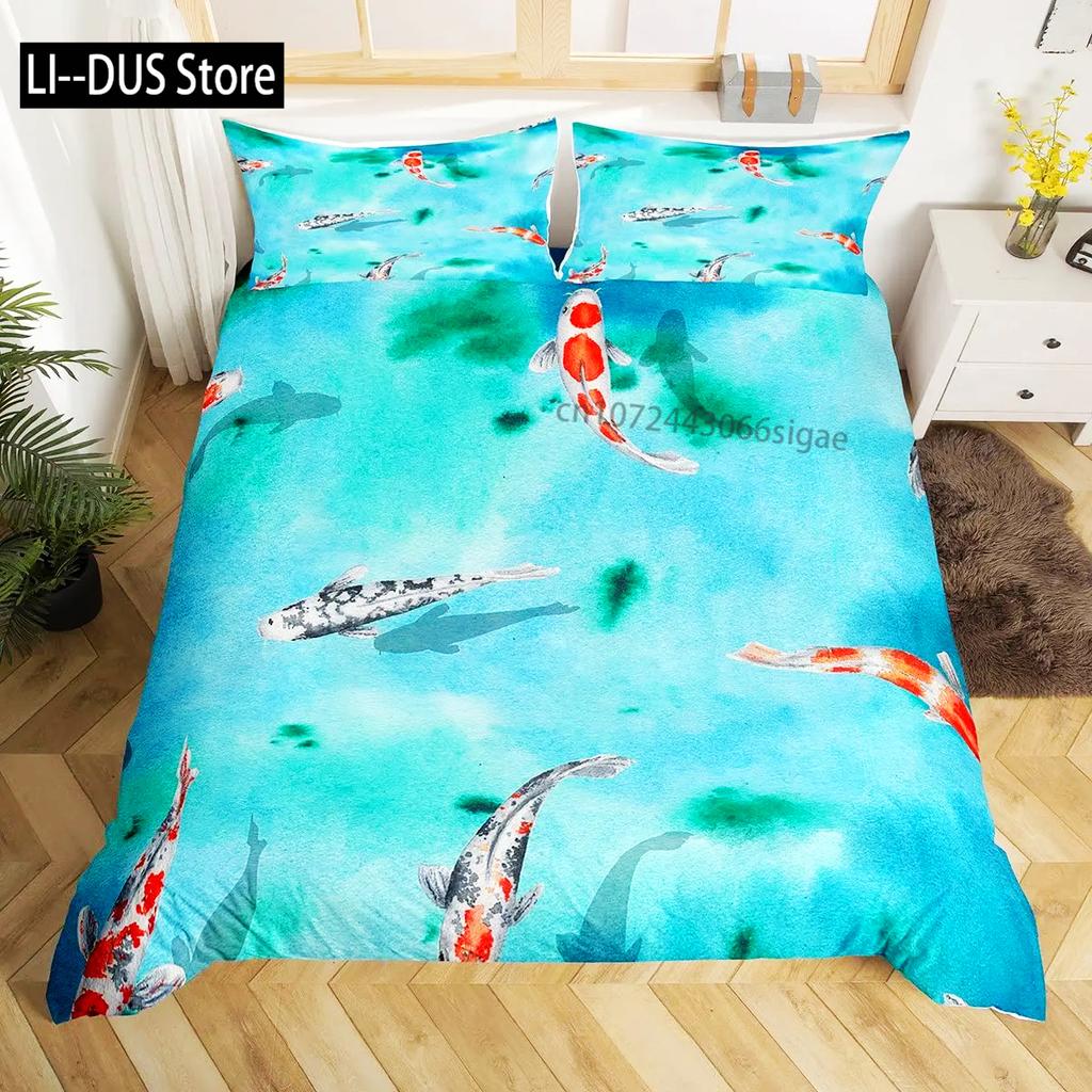 Koi Fish Duvet Cover Set Japanese Painting Style Decor 2/3 Piece Bedding Set With Pillow Shams Queen Full Size Black White