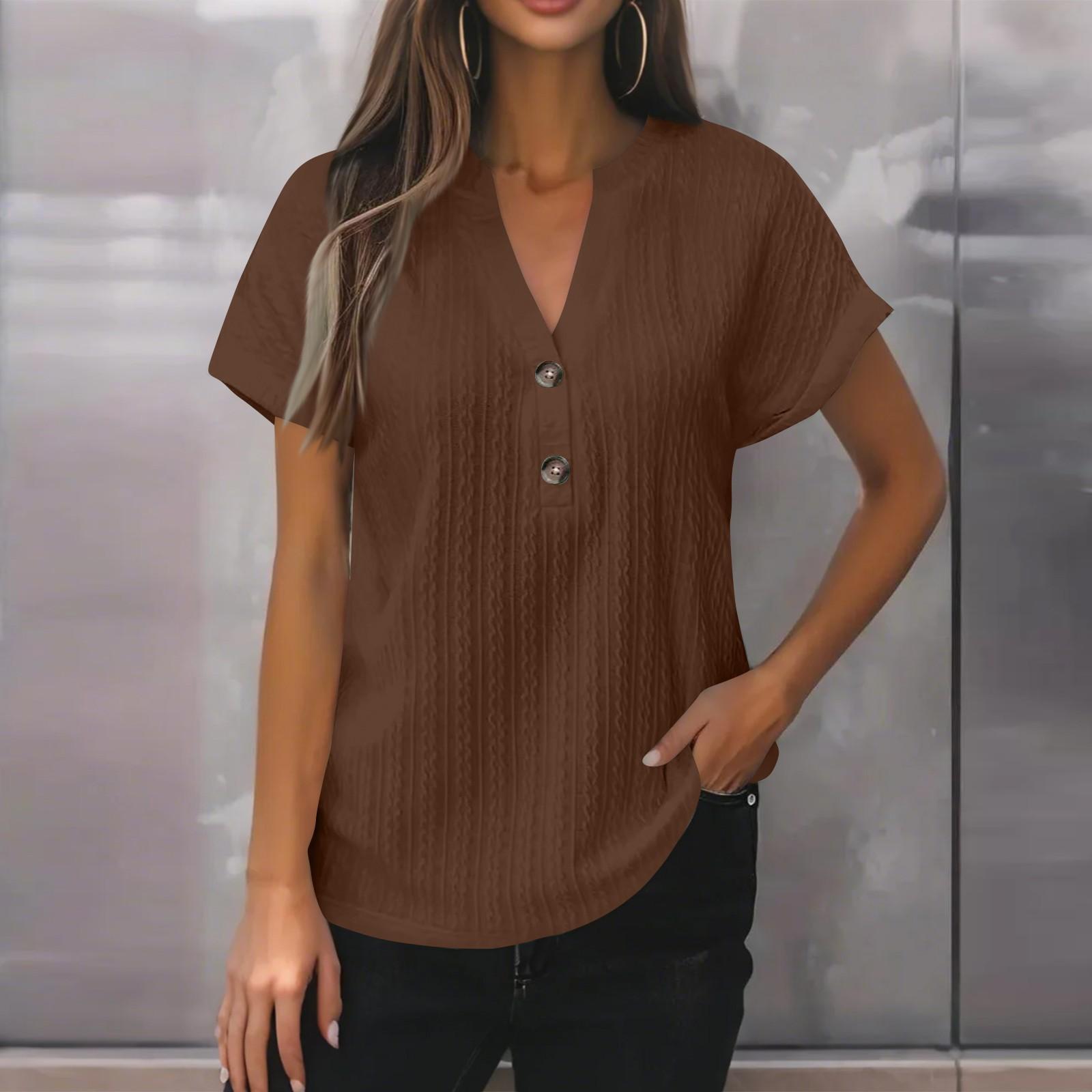 

Новая женская модная повседневная однотонная футболка с V-образным вырезом на пуговицах для женщин S коричневый