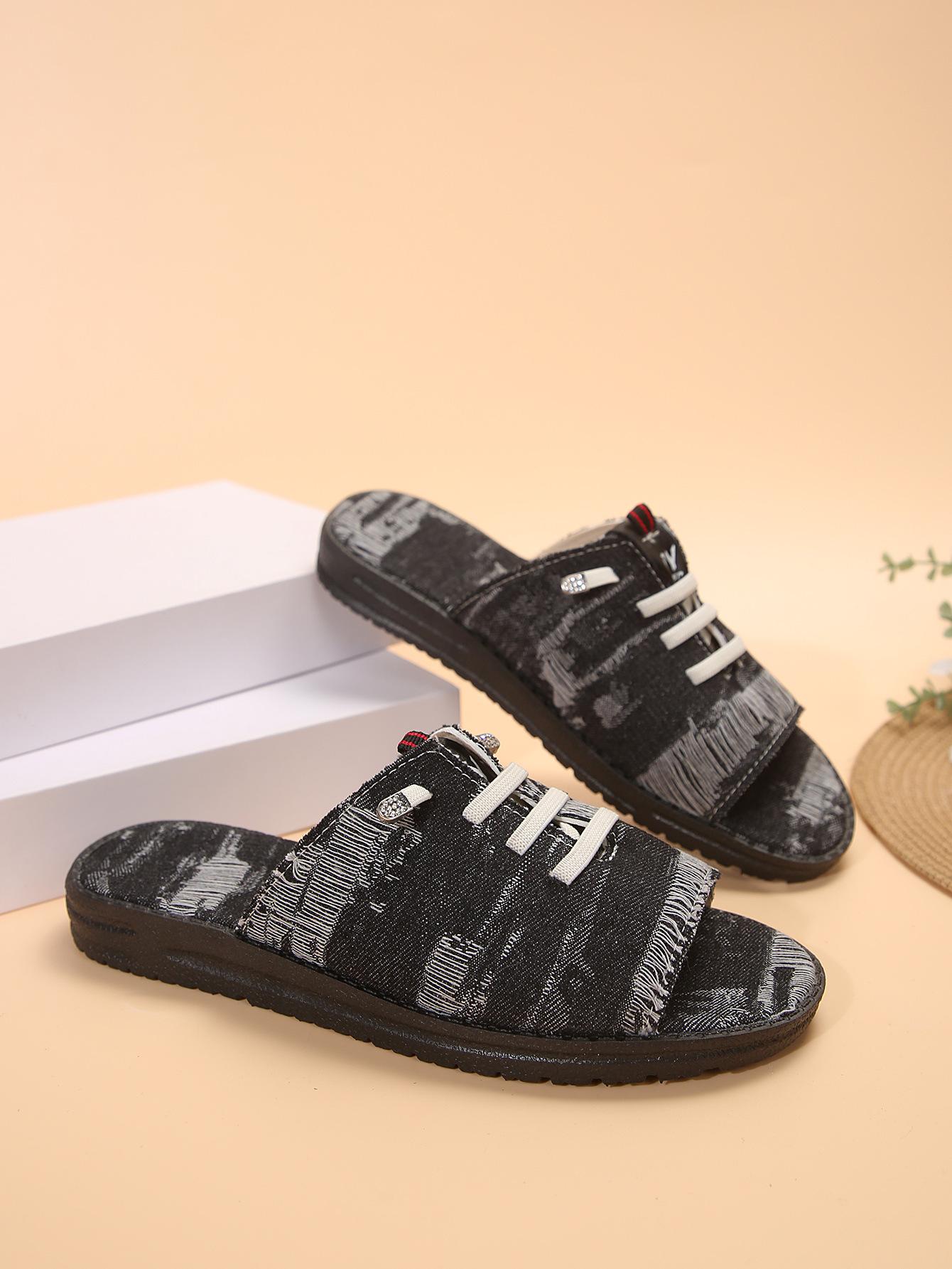 

2024 summer new foreign trade large size women s fringed canvas flat bottom cool slippers simple wind Doudou half drag women s shoes 43 чорний