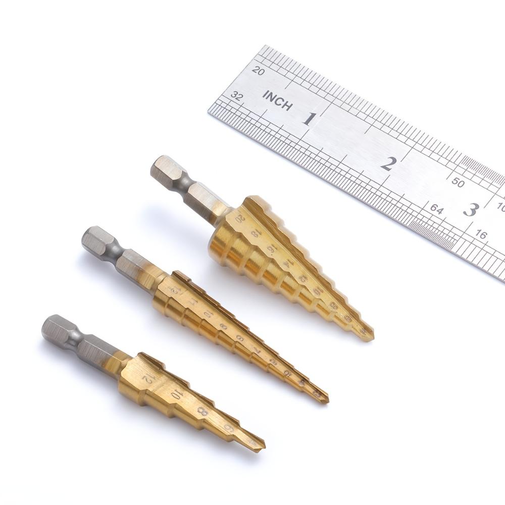 Sada stupňovitých vrtáků do plechu z HSS oceli s titanovým povlakem, (2mm-7.0mm) pro dřevo a kov - odolné, všestranné, efektivní, stupňovité vrtáky