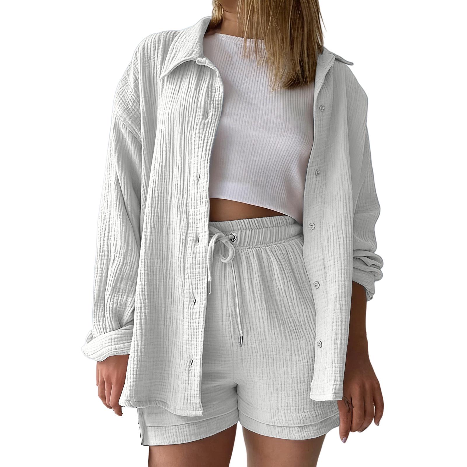 2026 European Cross-Border Casual Lapel Long Sleeve Shirt and Shorts Set M белый