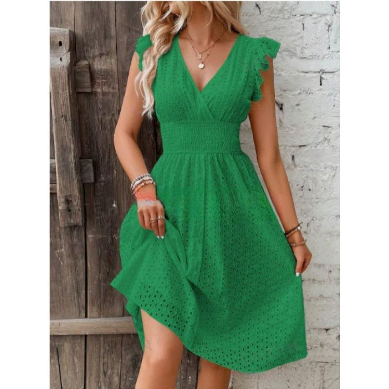Women's Ruffle Sleeve Hollow Out Dress Elastic Waist V Neck Midi Sundress Casual Summer Party Dress