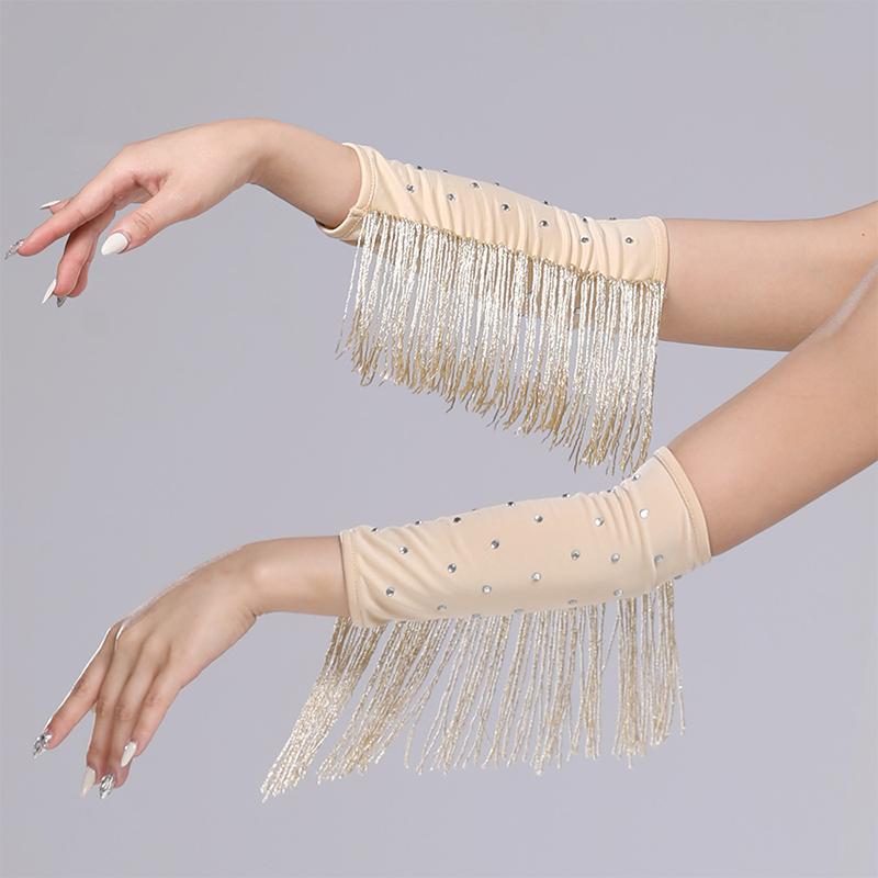Women Latin Dance Stage Outfit Fringed Sleeves Shiny Rhinestone High Elastic Slim Fit for Dance Performance Competition Party Events