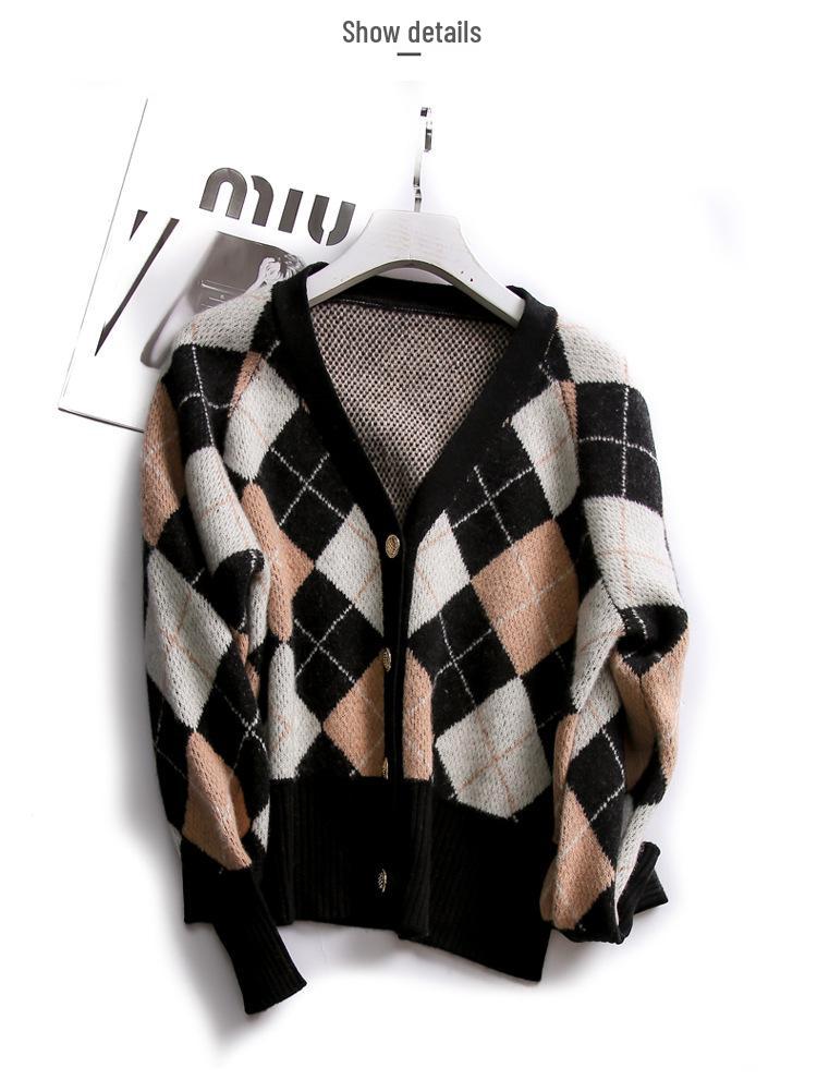 2025 Women's V-Neck Pure Wool Knit Cardigan – Autumn/Winter, Diamond Patchwork, Casual & Warm Sweater Coat