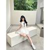 Women's Summer Lace Splicing Waist Small Flying Sleeve Tutu Dress White Sweet Style Girl Lapel Design Dress