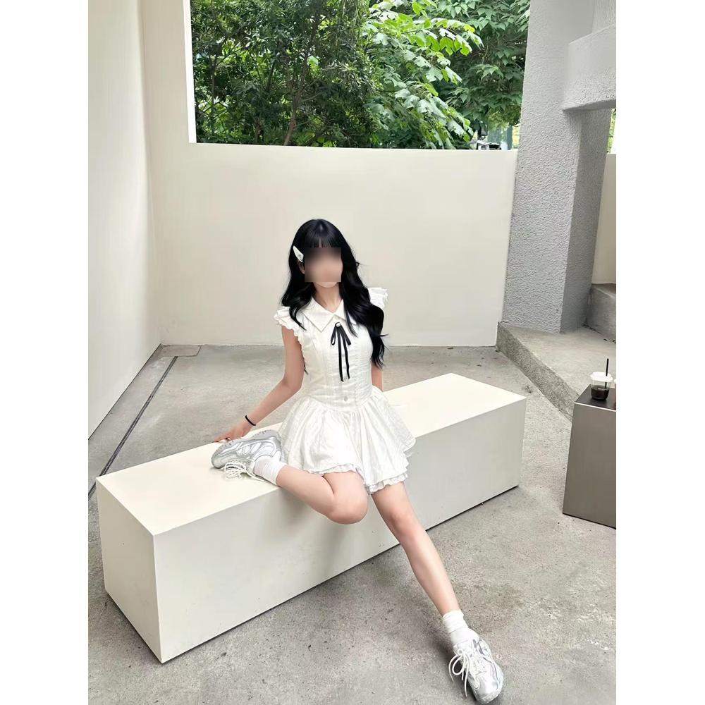 Women's Summer Lace Splicing Waist Small Flying Sleeve Tutu Dress White Sweet Style Girl Lapel Design Dress