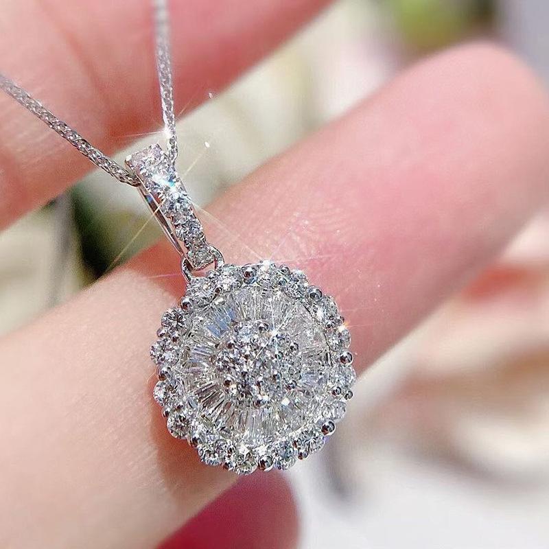 Multi Layer Round Mixed Baguette and Round Stone Cluster Pendant Women Wheat Chain Clavicle Necklace