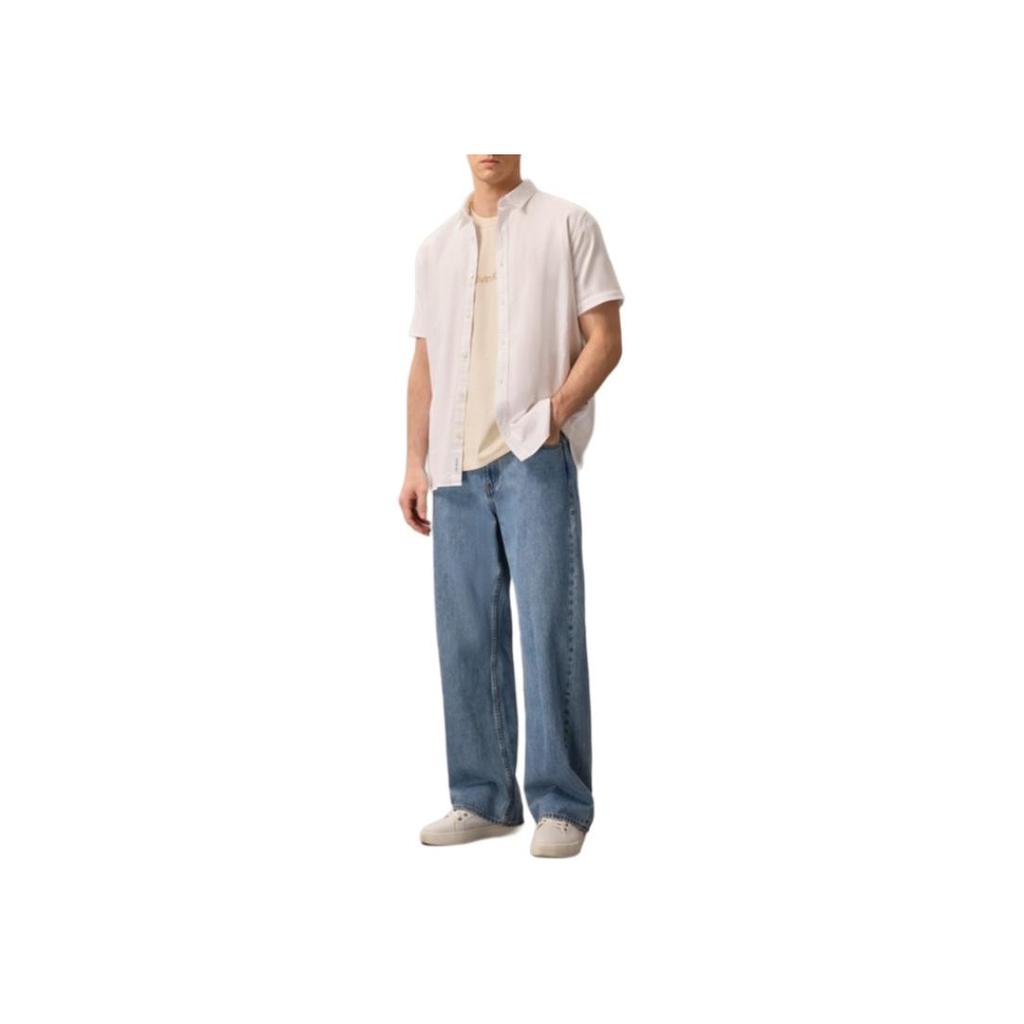 Calvin Klein Business Casual Commuter Minimalist Embroidered Cotton Linen Short Sleeve Shirt Men shirts J317422-YAF