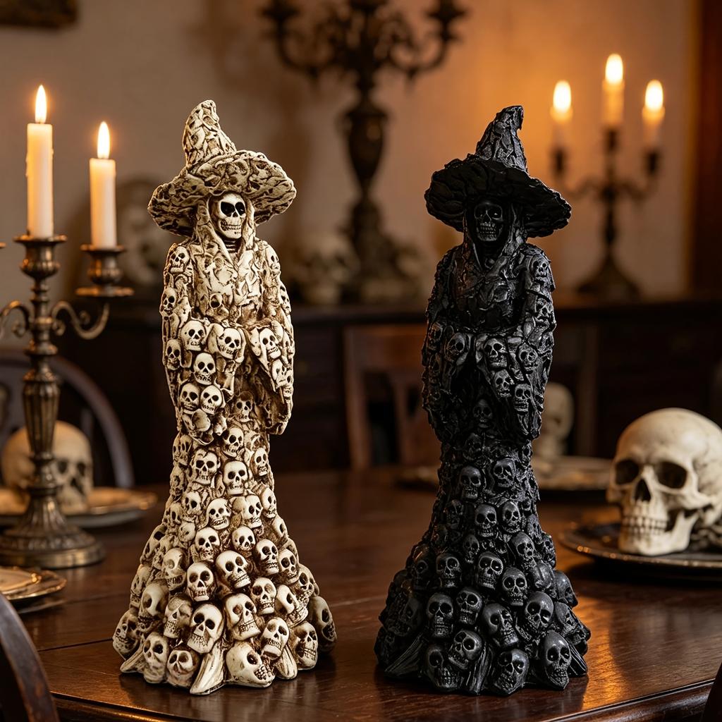 Dark Gothic Skull & Witch Resin Statue for Halloween Decor, Tattoo Shops, and Horror Collectibles