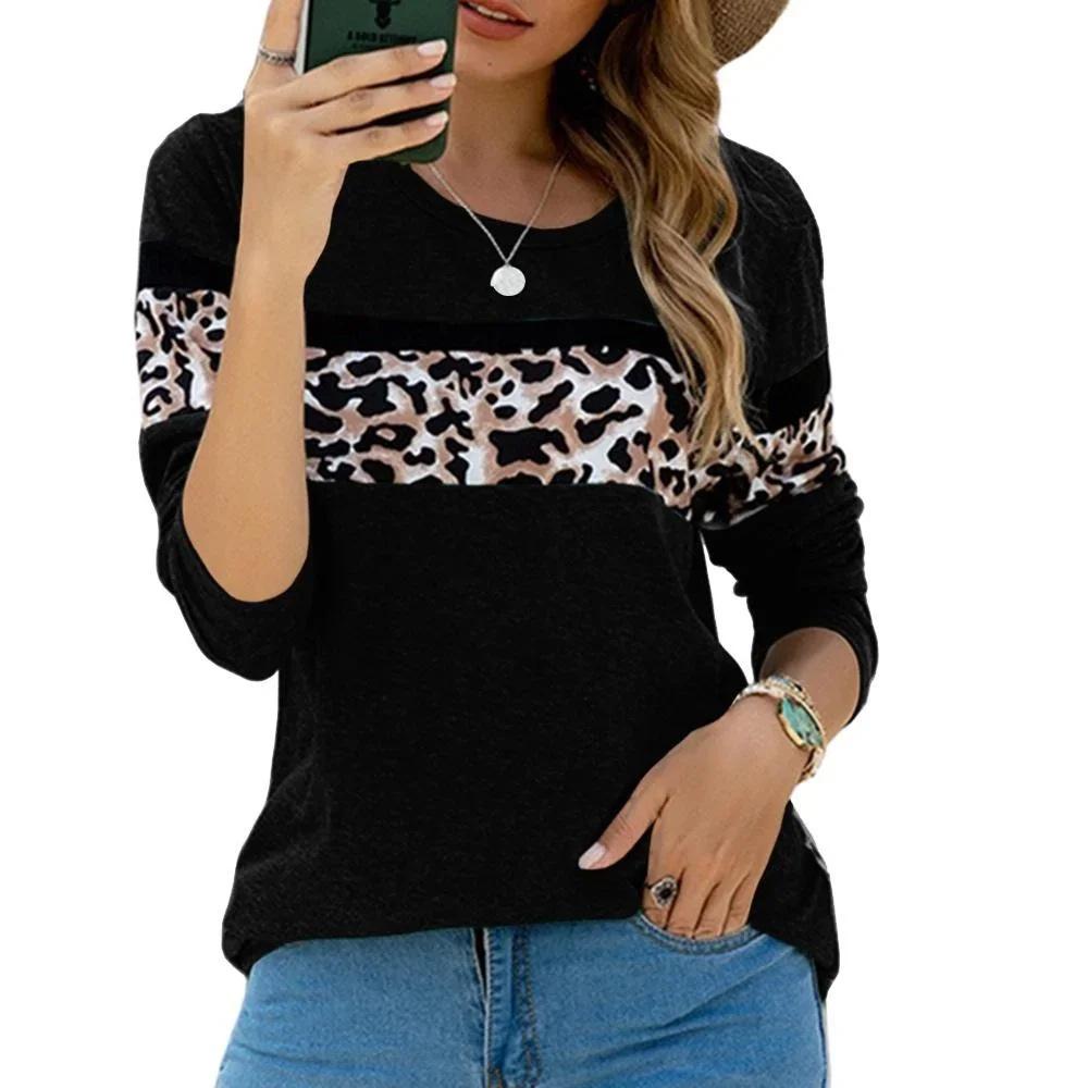 Women Autumn Tops Leopard Print Lines Print Causal Long Sleeve T-shirt Top Blouse