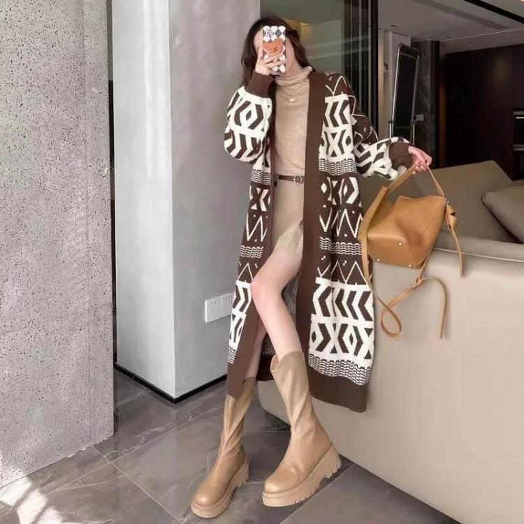 

Comfortable Versatile Women Plus Size Loose Thickened Knitwear Long Cardigan Stretch Autumn Winter Coat XXXXXXL коричневий