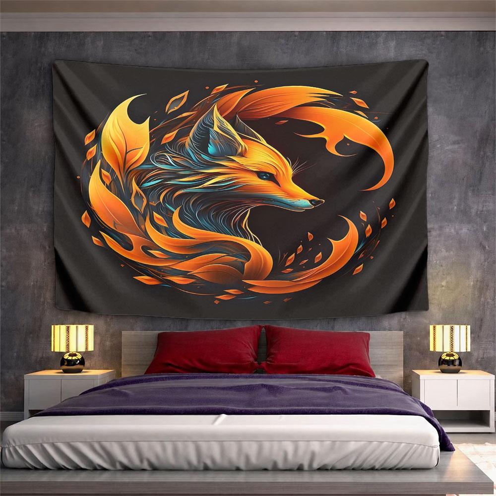 "Vibrant Fiery Fox with Abstract Leaves" Pattern Wall Hanging Tapestry Decorative Tapestry Home Decor for Bedroom and Living Room